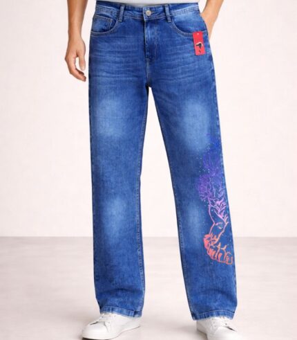 Men's Blue Graphic Bootcut Jeans